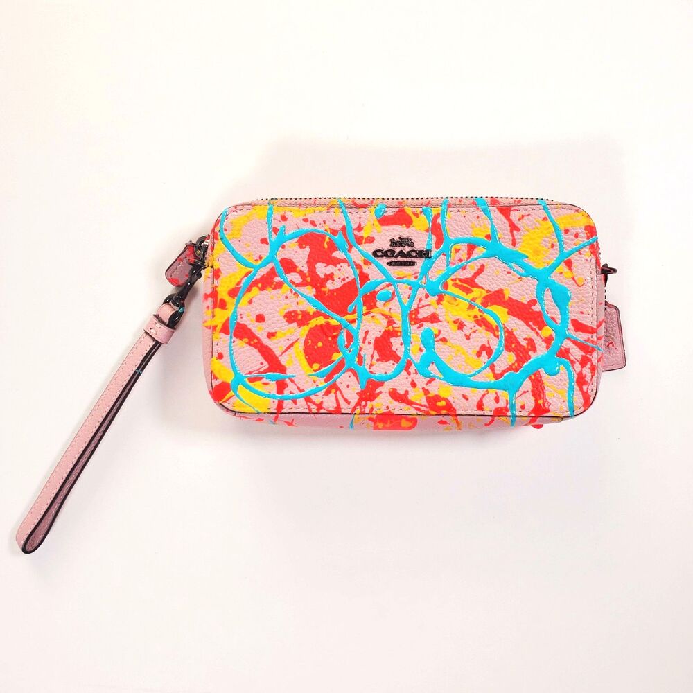 Coach Leather Clutch Pink Graphic Graffiti Hand Painted Wristlet "Kira"